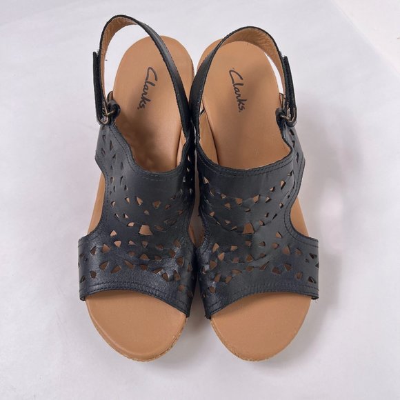 Clarks Black Tooled Leather Slingback Open Toe Cork Wedge Slide Sandals Size 11 - Picture 3 of 9